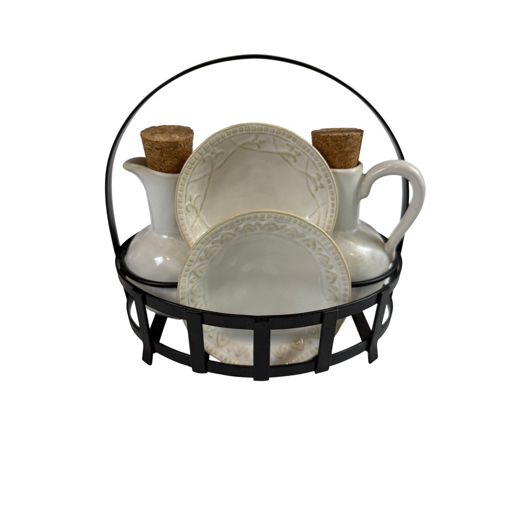 Pottery Barn Oil Vinegar Cruet Set Dipping Bowls Metal Caddy White Ceramic 7pc